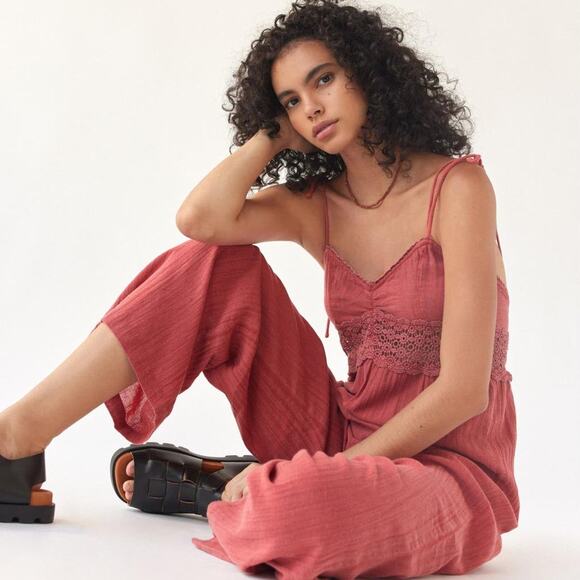 Urban Outfitters Tilly Lace Inset Crochet Boho Gauze Jumpsuit Rust Red Sz XS NWT - Picture 12 of 12